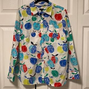 EUC Talbots LS Button Up Down Colorful Apple Sketchy Paint Pattern